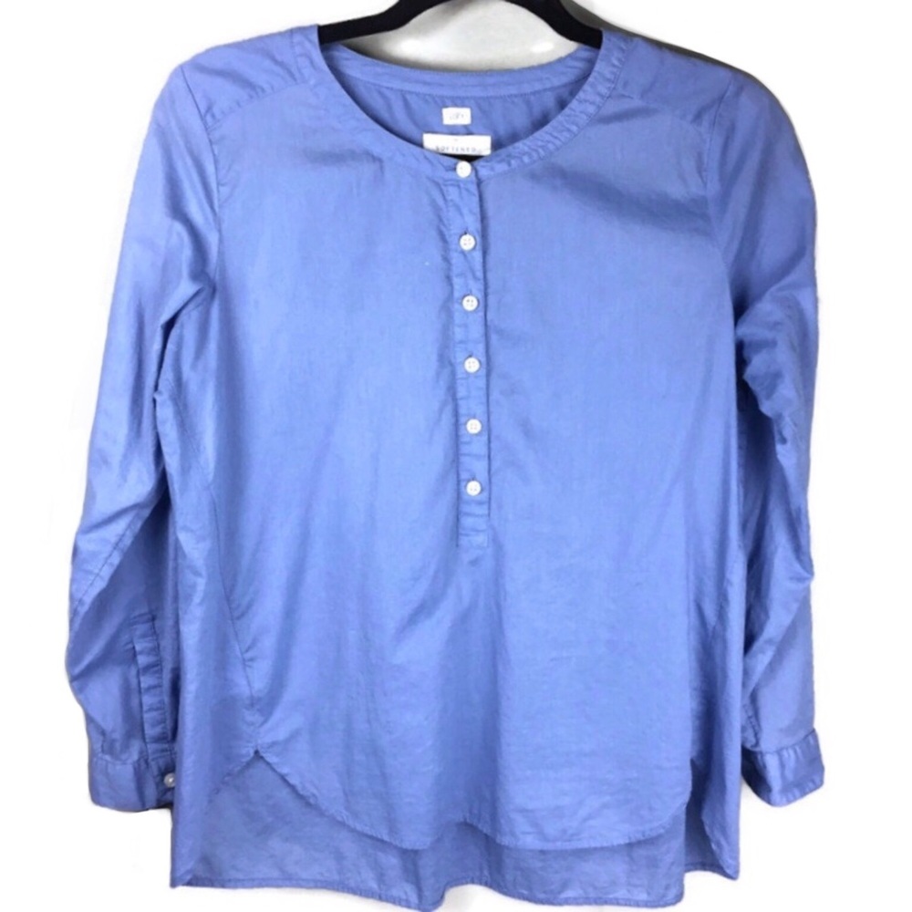 Loft Softened Mandarin Collar Tunic Style High Low Blue Cotton Top Small Petite